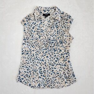 Y2K Blue Leopard Print Sleeveless Top - Women's 2P - Twist Front‎ Collared